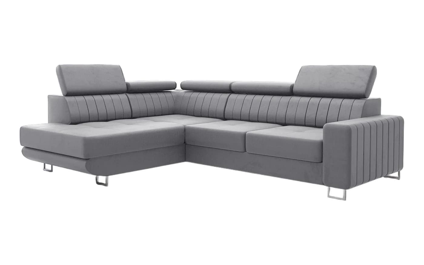 thematys Ecksofa POLA mit Schlaffunktion und Bettkasten L-Form Samt Grau