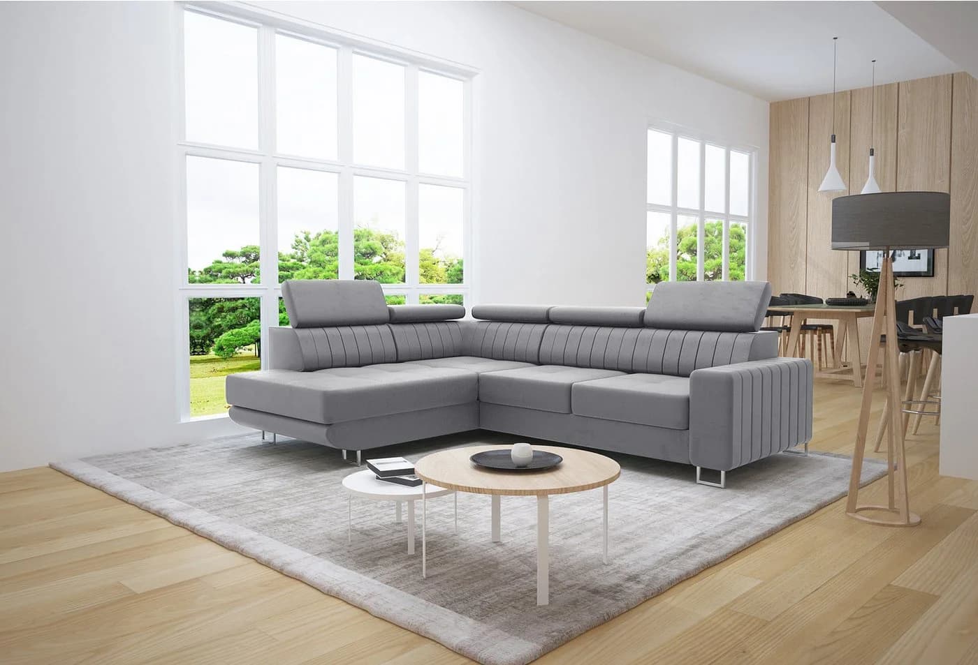 thematys Ecksofa POLA mit Schlaffunktion und Bettkasten L-Form Samt Grau - Bild 2