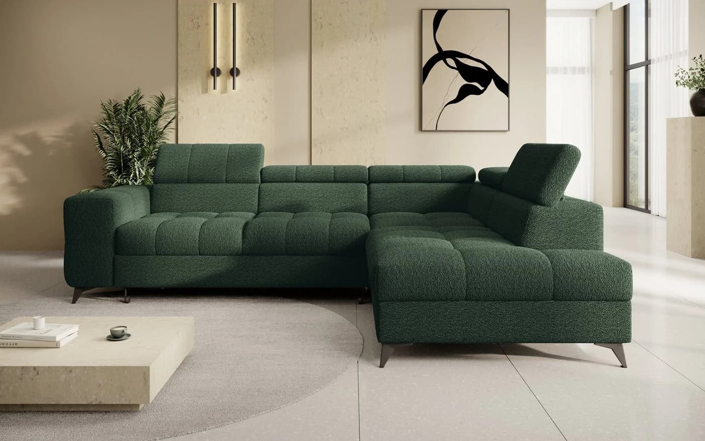 thematys Ecksofa SORANO Grün mit Schlaffunktion & Bettkasten