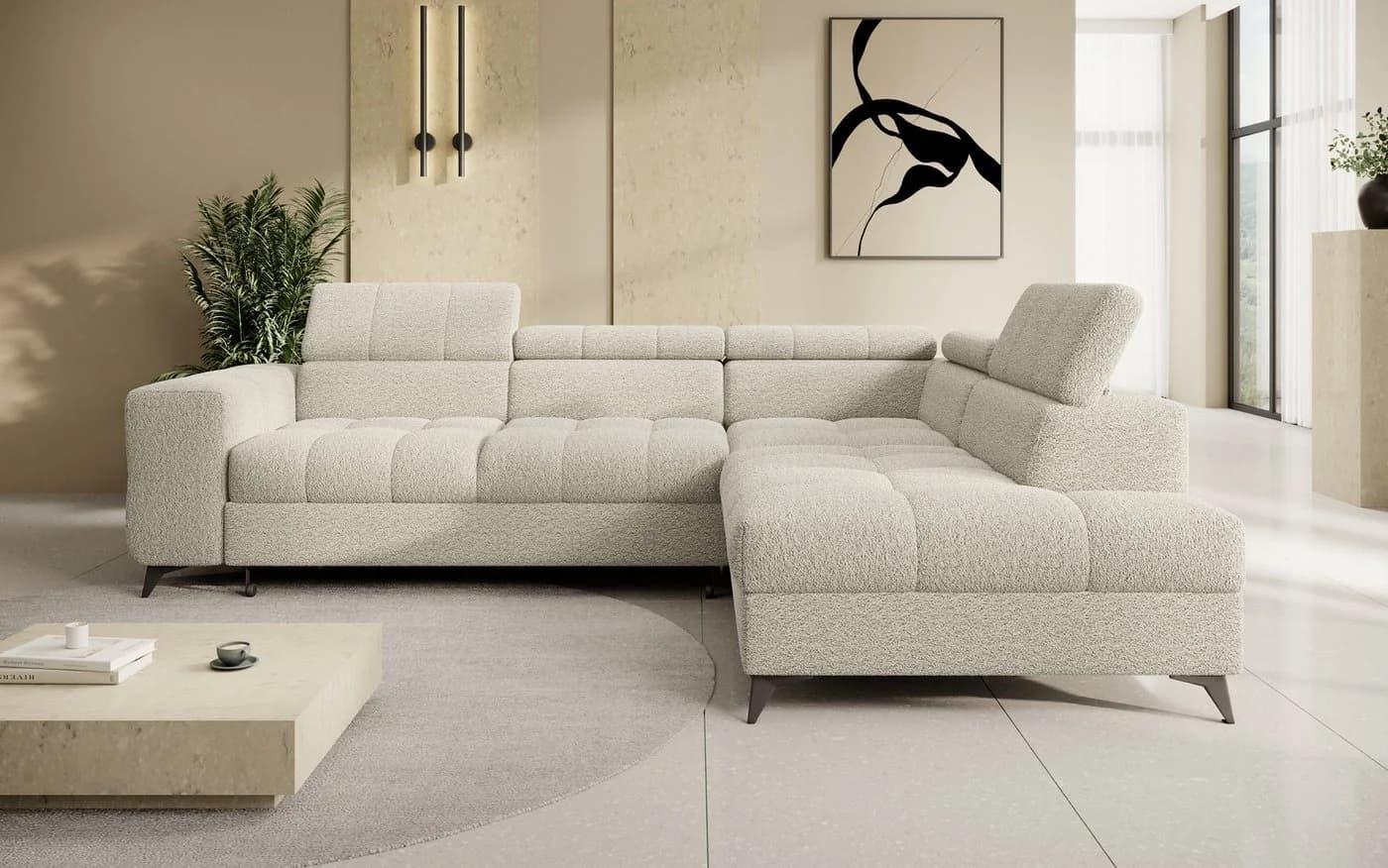 thematys Ecksofa SORANO L-Form Beige Schlaffunktion Bettkasten