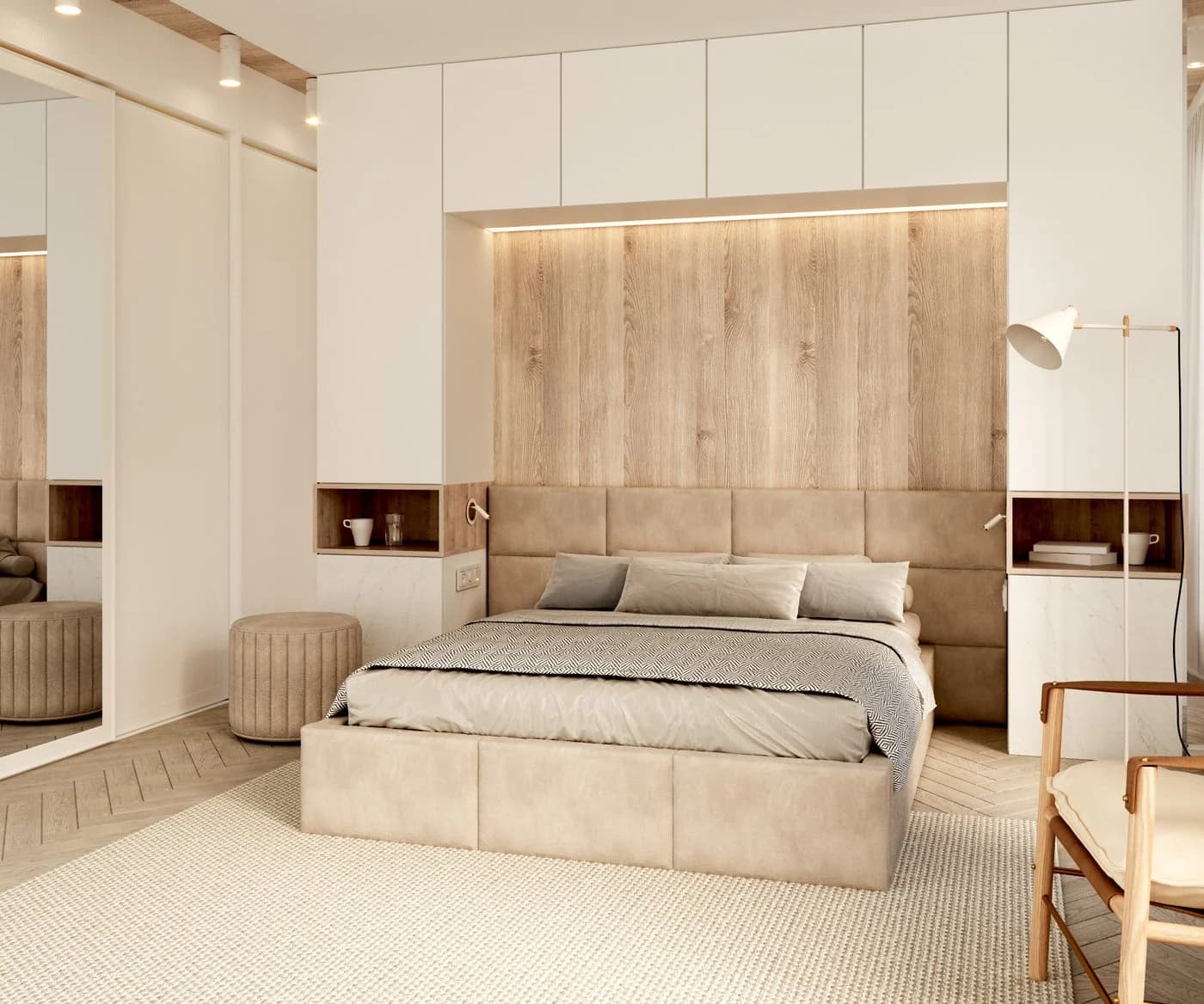 thematys Polsterbett DENVER mit Bettkasten & Wandpaneelen Beige Velours - Bild 3