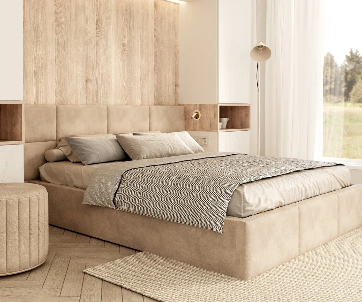 thematys Polsterbett DENVER mit Bettkasten & Wandpaneelen Beige Velours - Bild 4