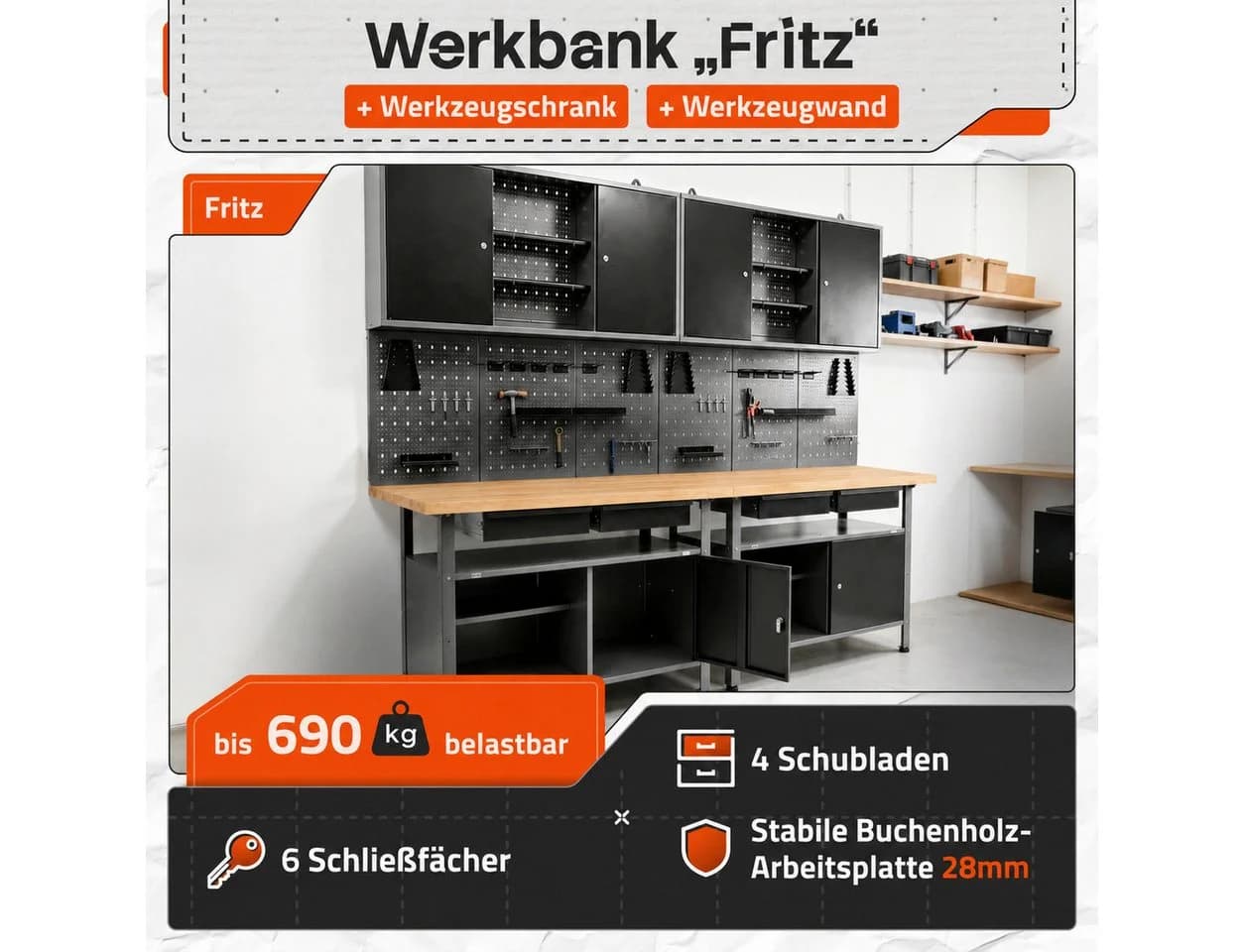 ONDIS24 Werkstatt-Set 240cm Werkbank Metallschrank Lochwand Schwarz - Bild 4