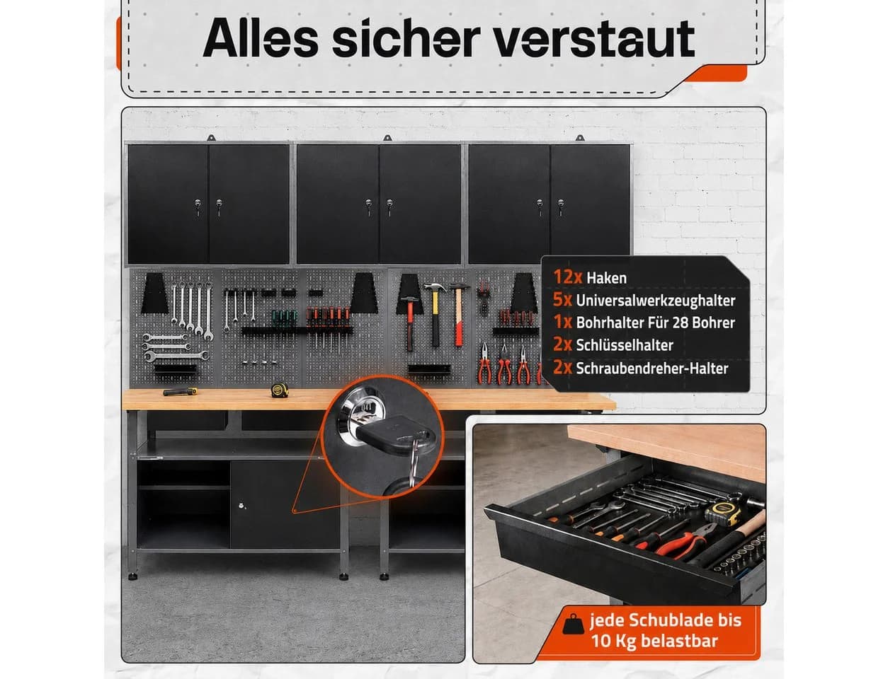 ONDIS24 Werkstatt-Set 240cm Werkbank Metall Werkzeugschwarz Buche - Bild 5