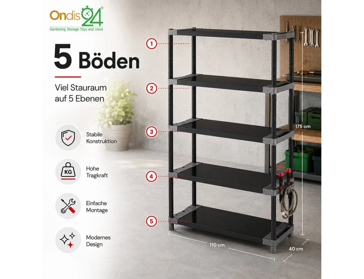 ONDIS24 Schwerlastregal Kunststoff Grau/Schwarz 5 Böden - Bild 4