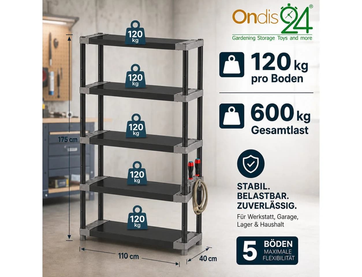 ONDIS24 Schwerlastregal Kunststoff Grau/Schwarz 5 Böden - Bild 5