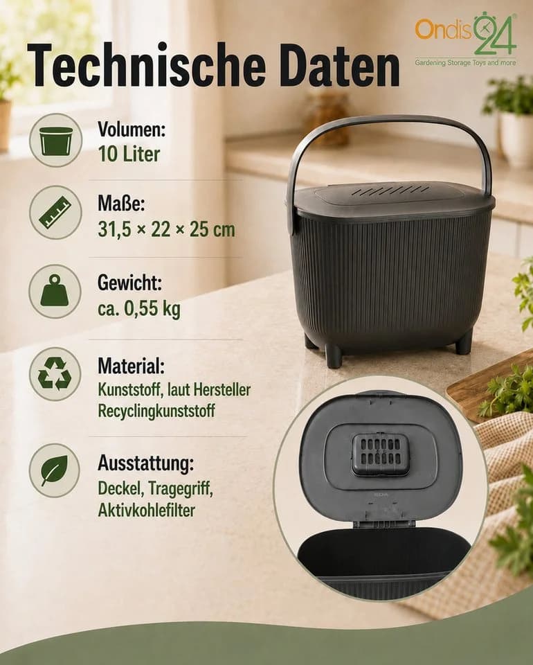 ONDIS24 Biomülleimer 10L mit Aktivkohlefilter Schwarz