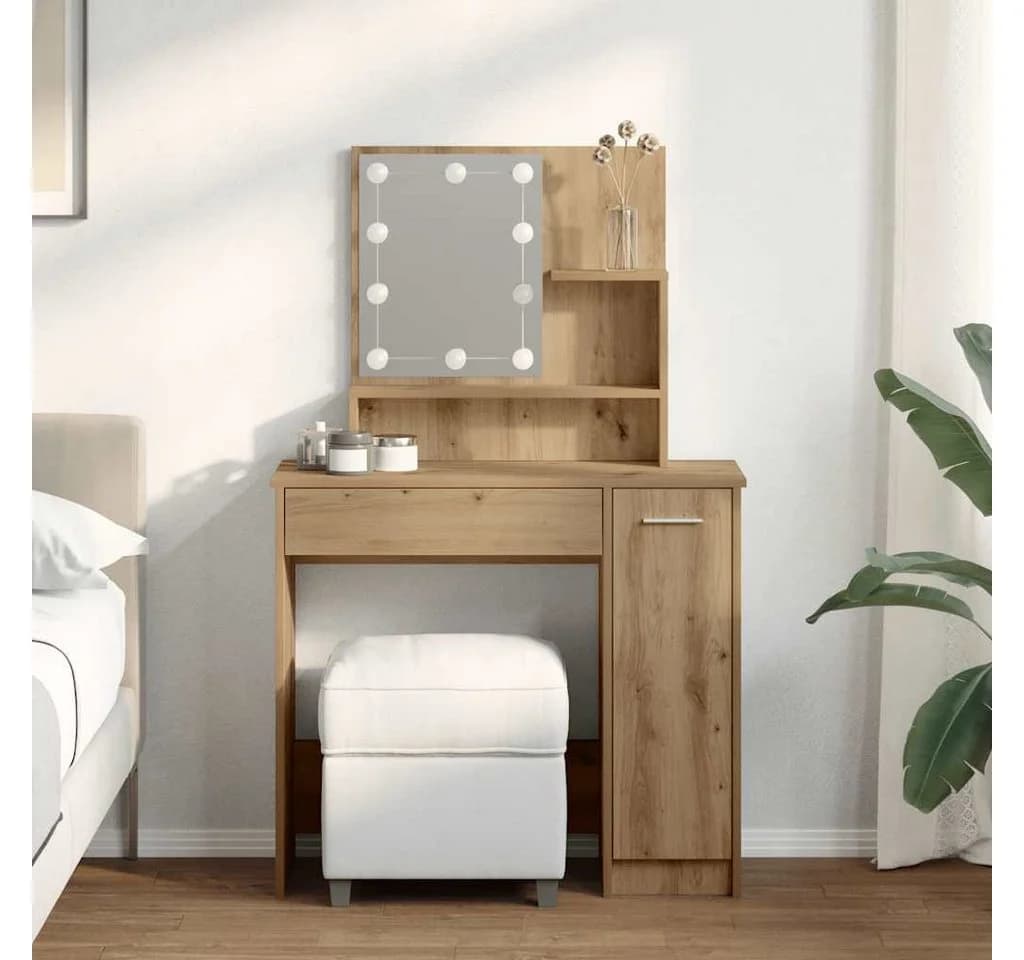 furnicato Schminktisch mit LED-Spiegel Artisan-Eiche Massivholz - Bild 2
