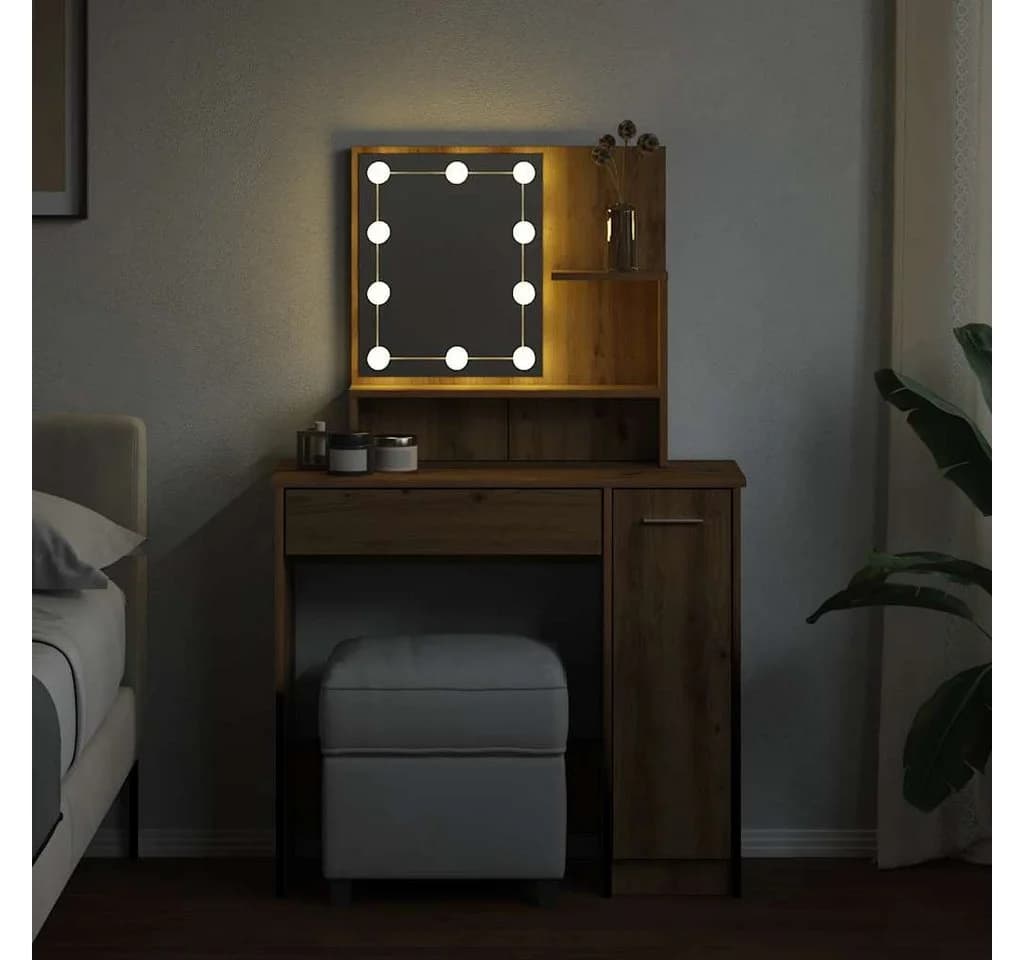 furnicato Schminktisch mit LED-Spiegel Artisan-Eiche Massivholz - Bild 3
