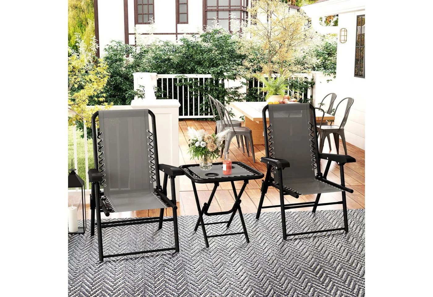Outsunny Balkonset 3-tlg. mit klappbarem Bistrotisch, Becherhalter, Gartenstühlen, Dunkelgrau - Bild 2