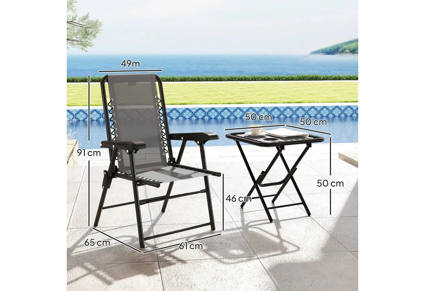 Outsunny Balkonset 3-tlg. mit klappbarem Bistrotisch, Becherhalter, Gartenstühlen, Dunkelgrau - Bild 3