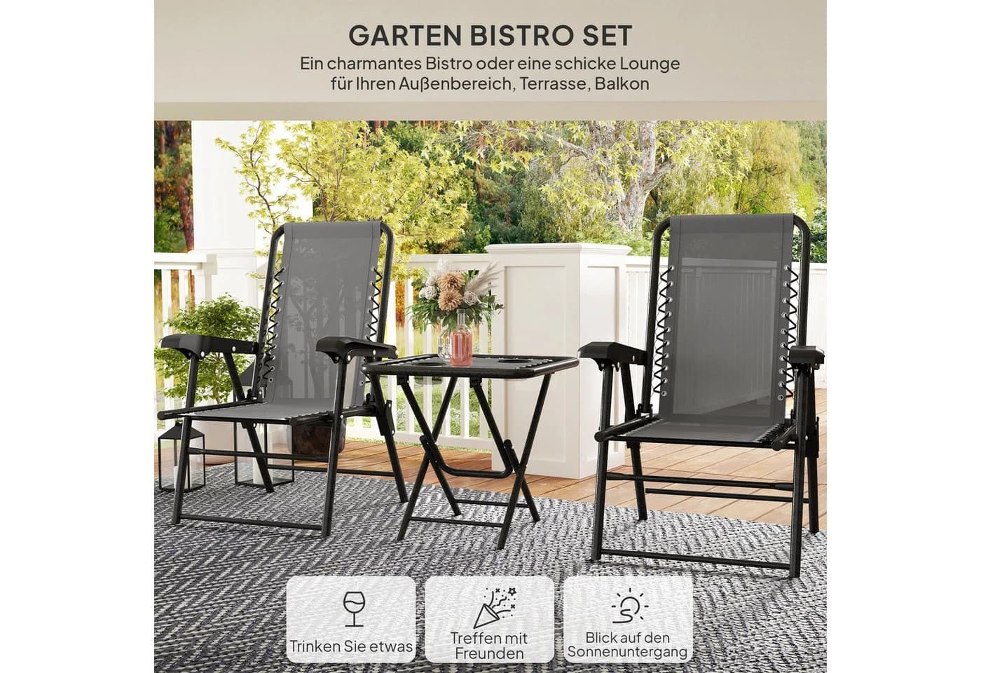 Outsunny Balkonset 3-tlg. mit klappbarem Bistrotisch, Becherhalter, Gartenstühlen, Dunkelgrau - Bild 4