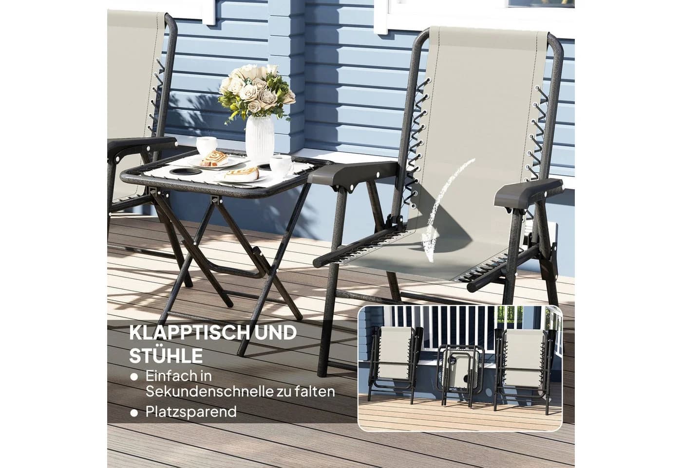 Outsunny Balkonset 3-tlg. mit klappbarem Bistrotisch, Becherhalter, Gartenstühlen, Dunkelgrau - Bild 5