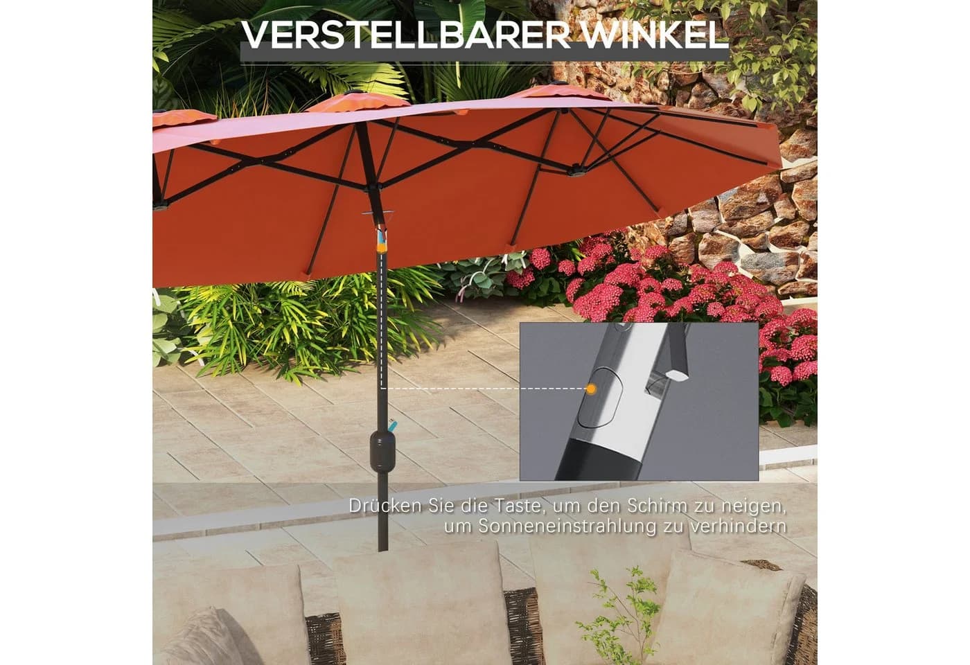 Outsunny Sonnenschirm mit Handkurbel, verstellbarem Neigungswinkel, Doppelsonnenschirm, Gartenschirm, für Terrasse Pool - Bild 4