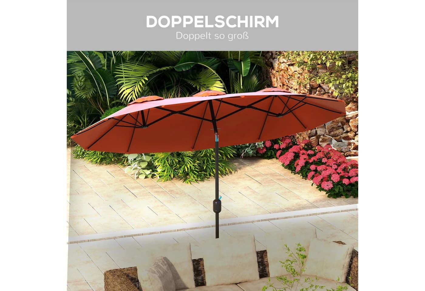 Outsunny Sonnenschirm mit Handkurbel, verstellbarem Neigungswinkel, Doppelsonnenschirm, Gartenschirm, für Terrasse Pool - Bild 5