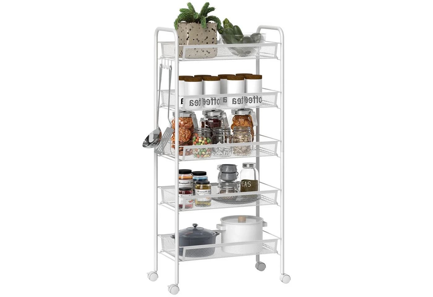 HOMCOM Servierwagen Küchenregal mit Rollen, 5 Körbe, Weiß