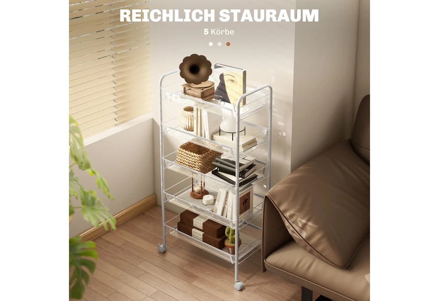 HOMCOM Servierwagen Küchenregal mit Rollen, 5 Körbe, Weiß - Bild 4