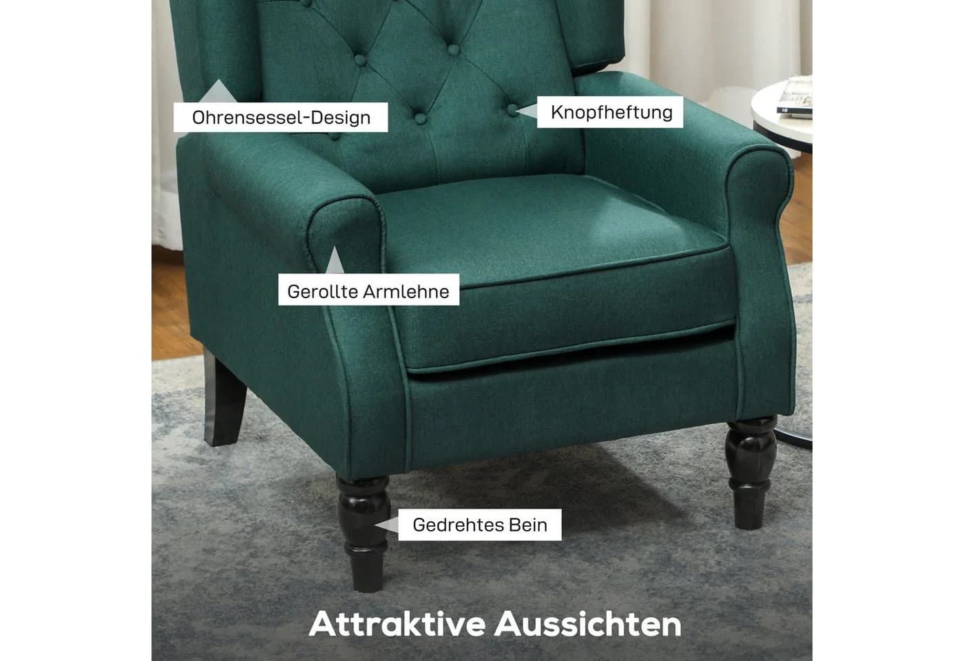 HOMCOM Ohrensessel Dunkelgrün mit Armlehnen und Knopfheftung - Bild 4