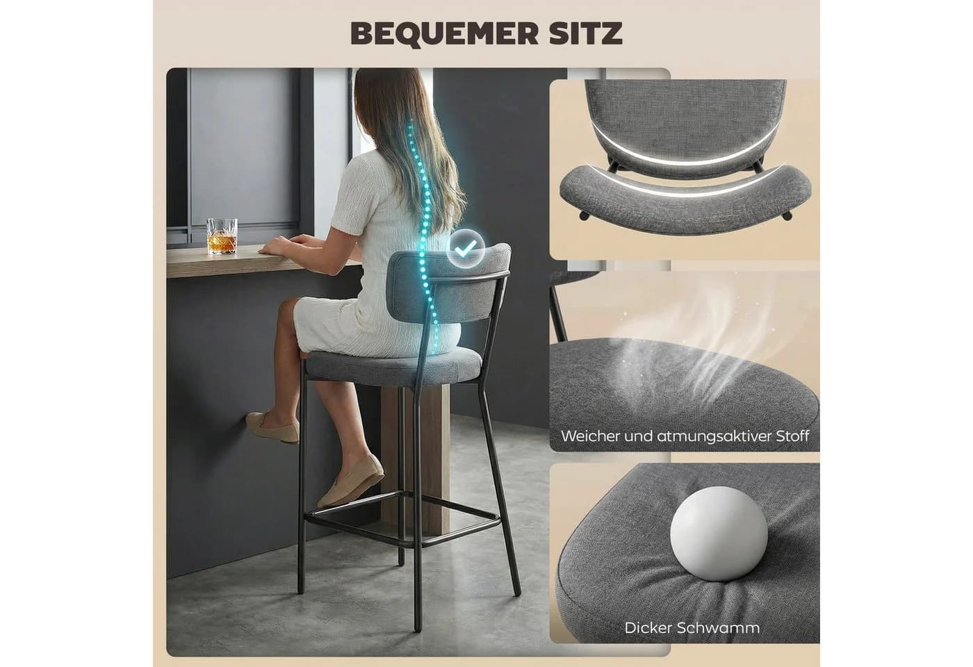 HOMCOM Barhocker mit Fußstütze, geschwungene Rückenlehne, 2 St., Grau - Bild 5