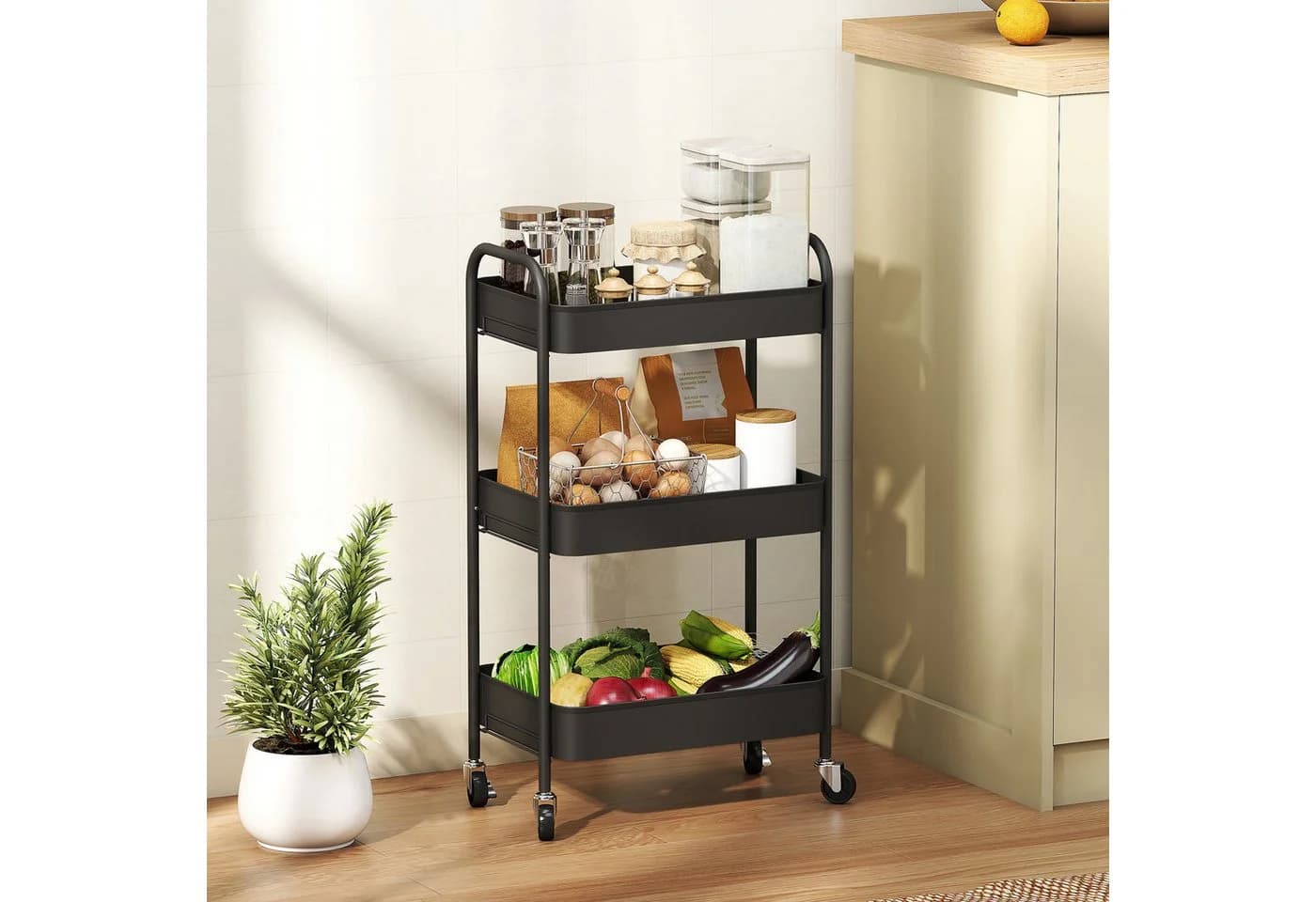 HOMCOM Servierwagen Rollwagen 3 Gitterkörbe Schwarz - Bild 2