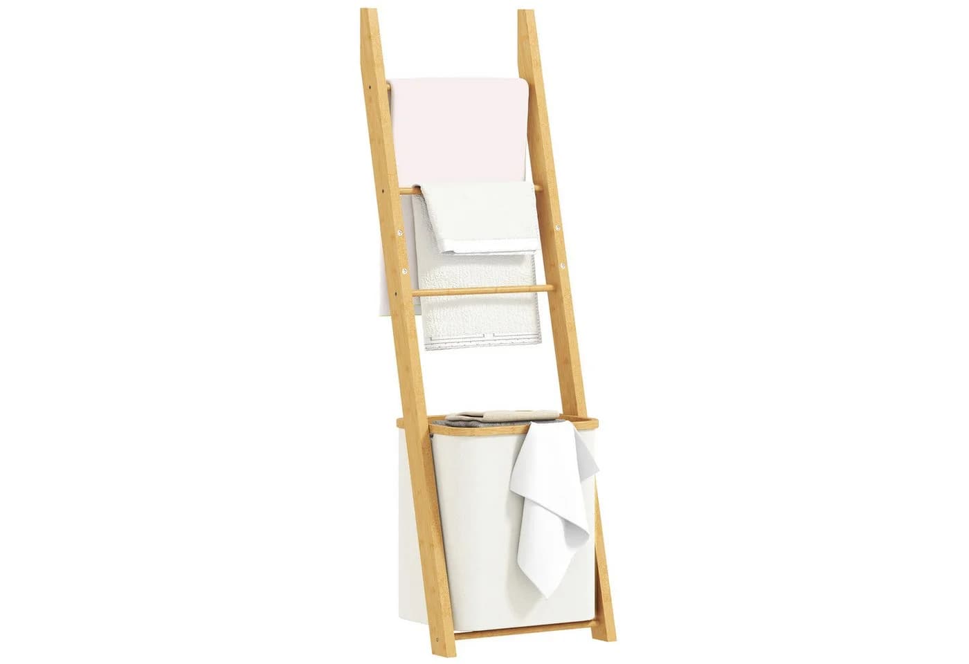 HOMCOM Badregal Bambus mit Wäschekorb 48L Cremeweiß