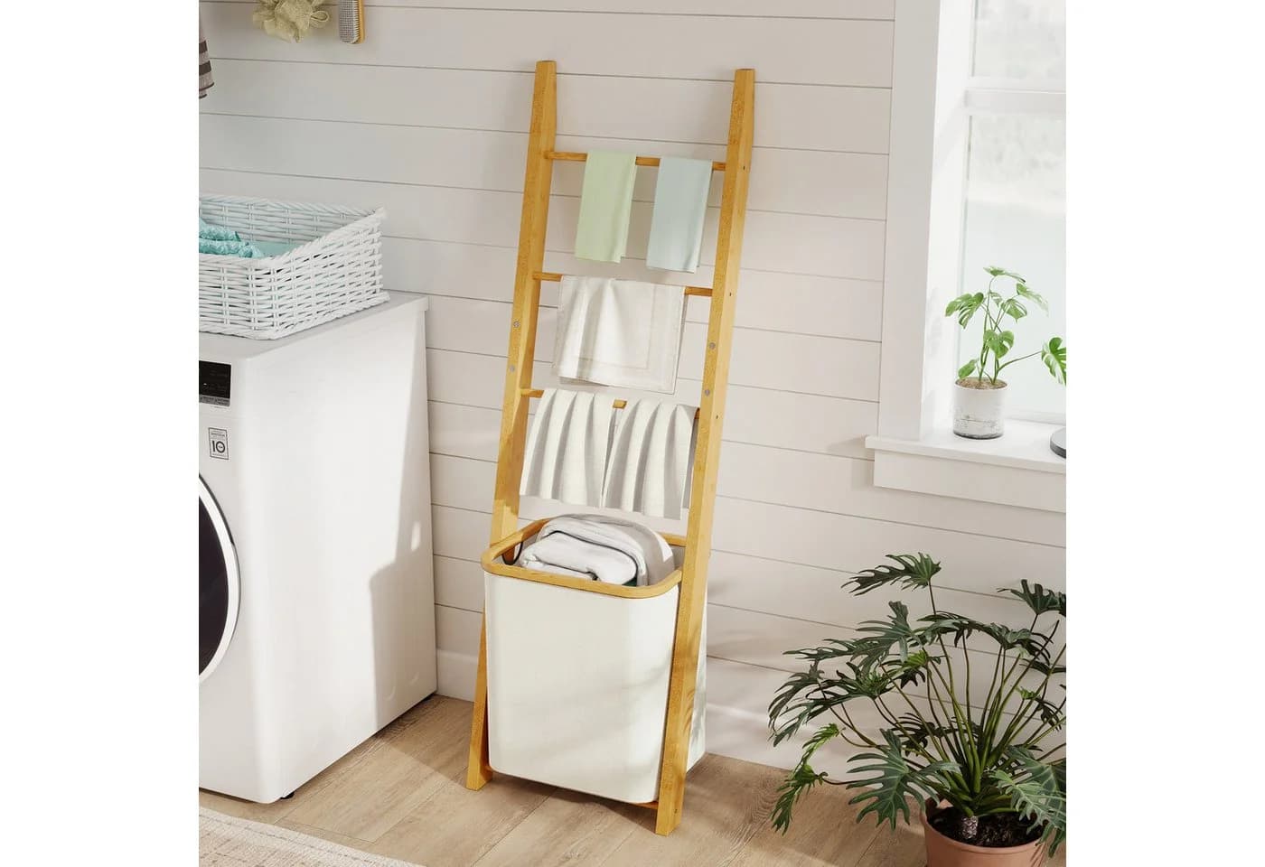HOMCOM Badregal Bambus mit Wäschekorb 48L Cremeweiß - Bild 2