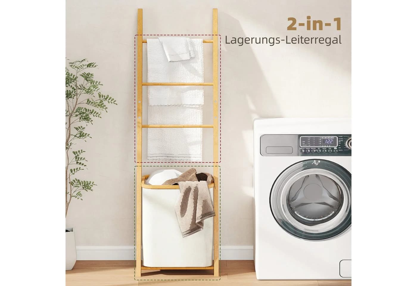 HOMCOM Badregal Bambus mit Wäschekorb 48L Cremeweiß - Bild 4