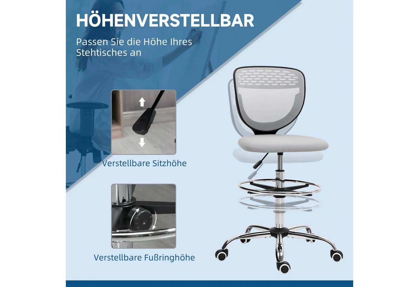 Vinsetto Bürostuhl Hellgrau mit Netzrücken und Fußstütze - Bild 5