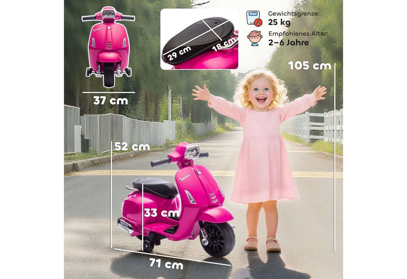 AIYAPLAY Elektro-Kindermotorrad 6V mit Stützrädern, Scheinwerfer, Hupe, Rosa - Bild 3