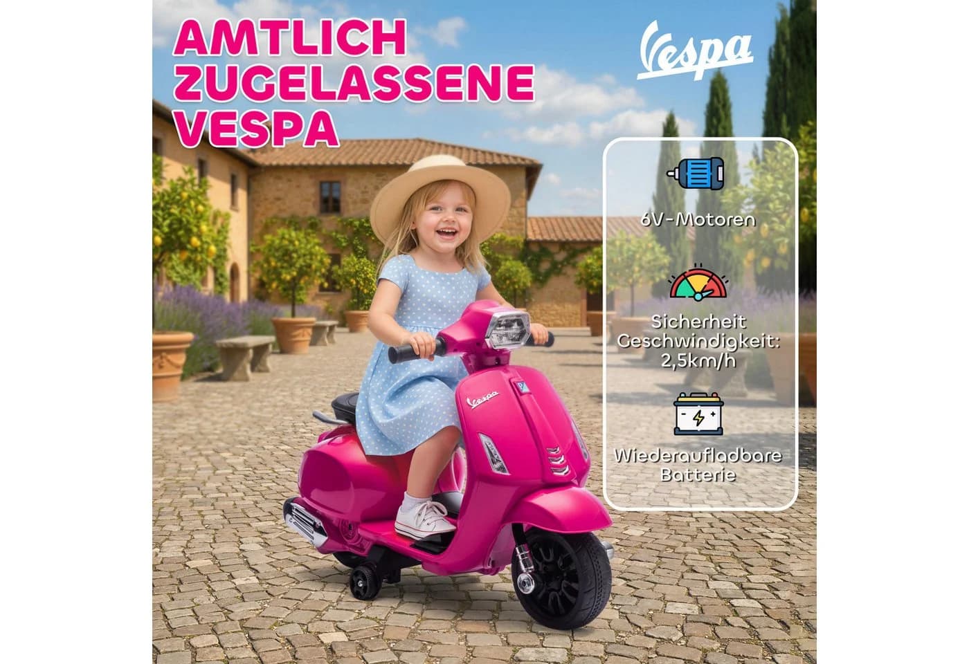 AIYAPLAY Elektro-Kindermotorrad 6V mit Stützrädern, Scheinwerfer, Hupe, Rosa - Bild 4