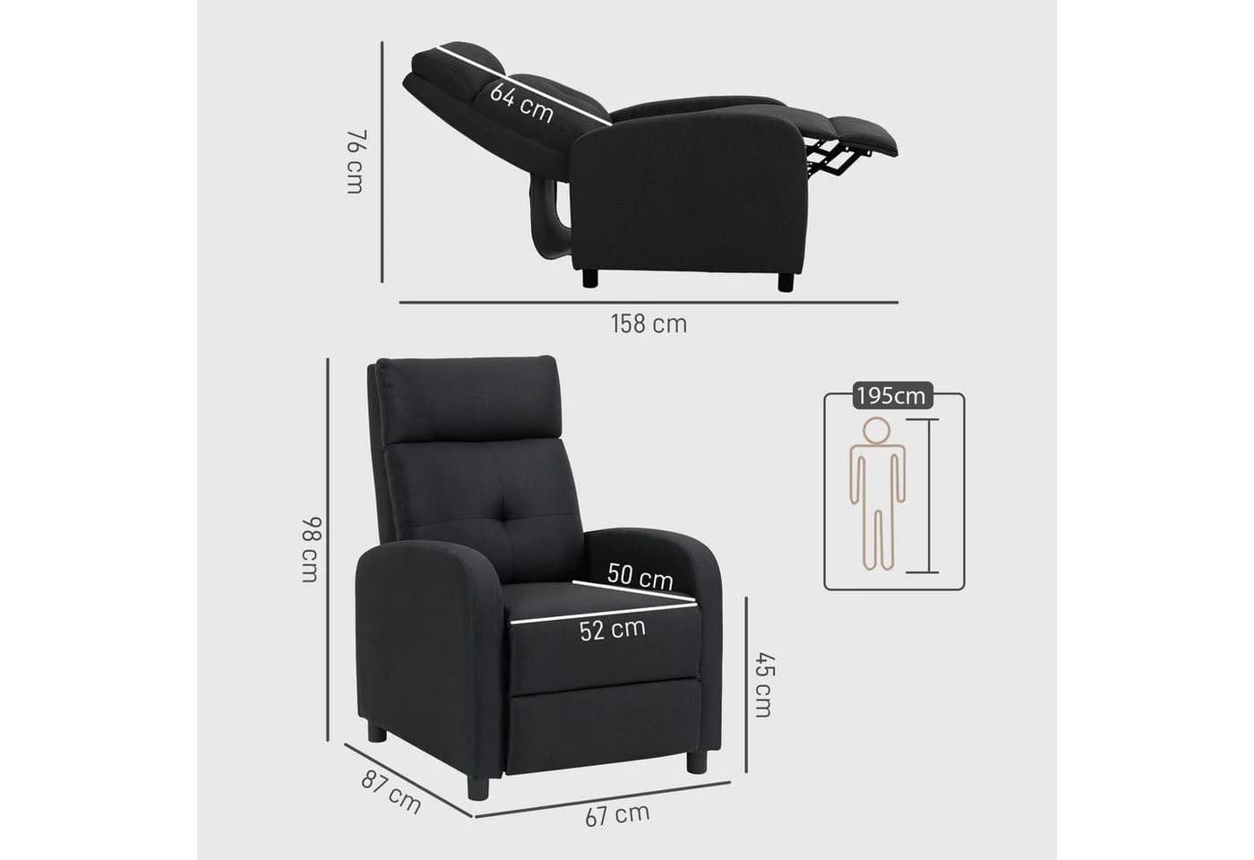 HOMCOM Relaxsessel mit Leinenoptik, Taschenfederkern, TV-Sessel, Schwarz - Bild 3