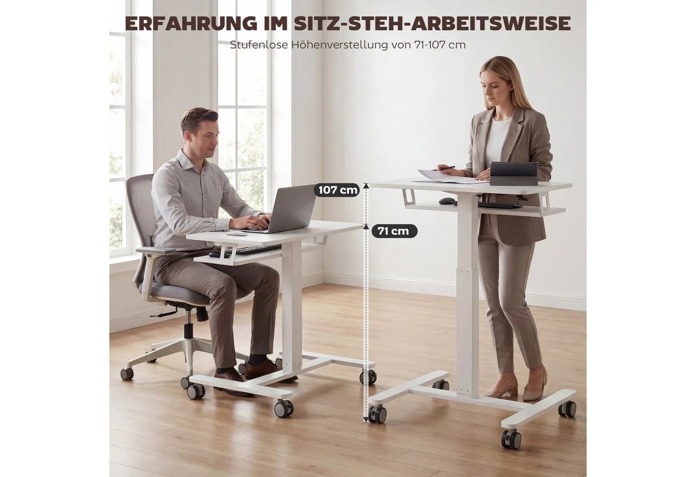HOMCOM Schreibtisch Höhenverstellbar Computertisch mit Rollen - Bild 4