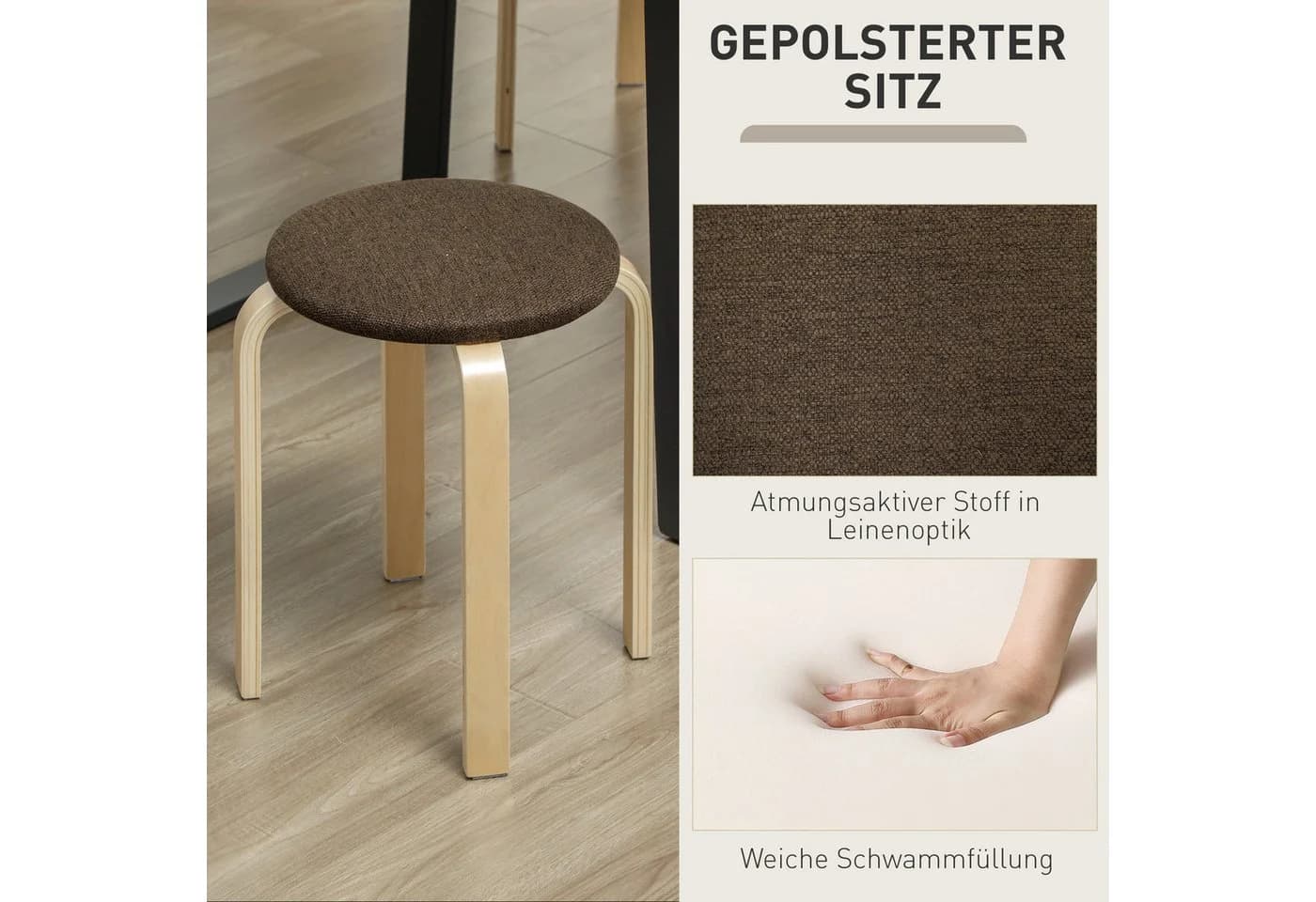 HOMCOM Stapelhocker 4er Set aus Birkensperrholz mit gepolstertem Sitz - Bild 5