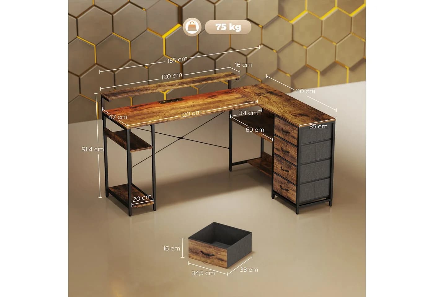 HOMCOM Gaming-Schreibtisch LED-Beleuchtung 4 Schubladen - Bild 3
