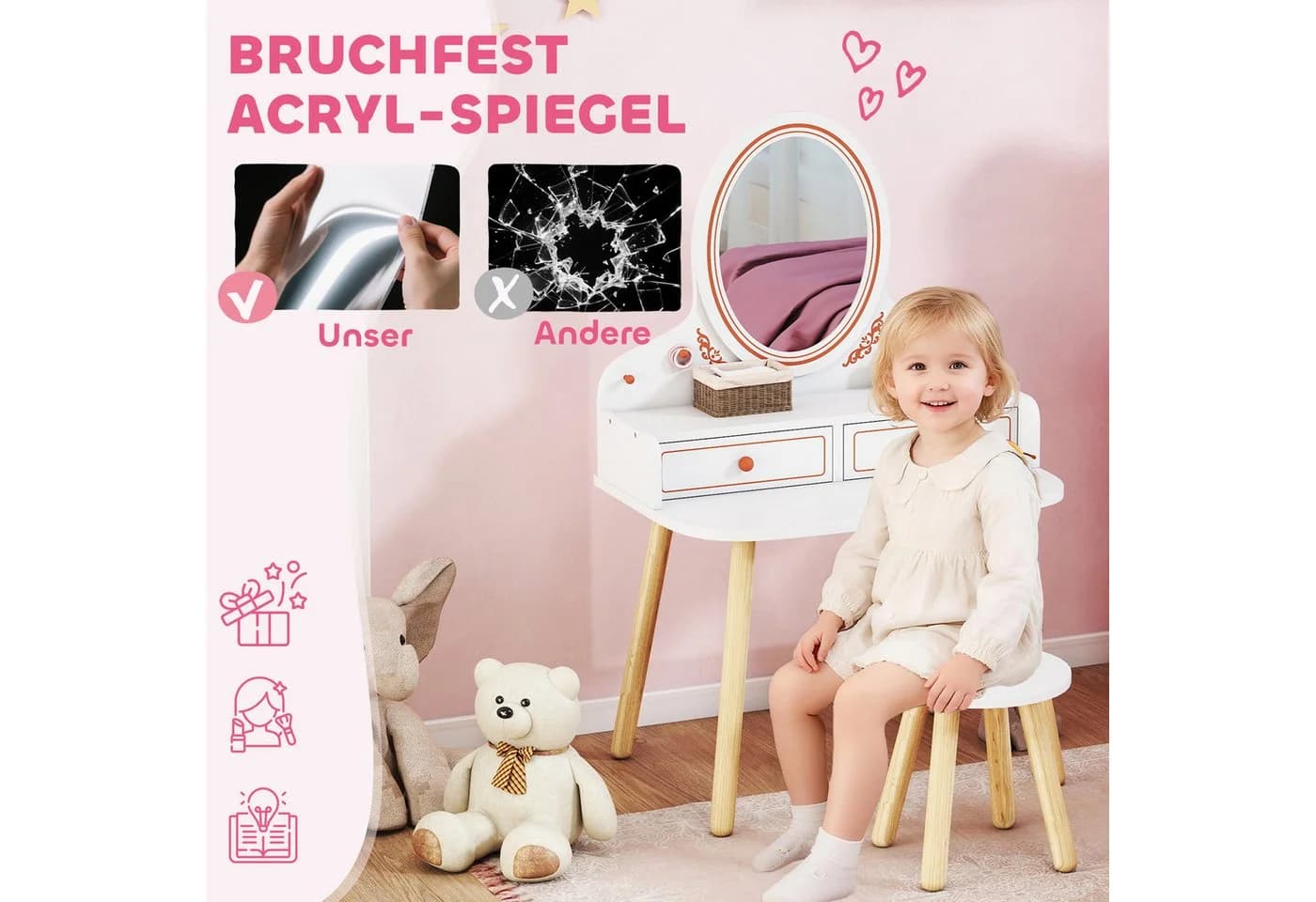 AIYAPLAY Schminktisch mit Spiegel und Schubladen für Mädchen 3-8 Jahre Weiß - Bild 4
