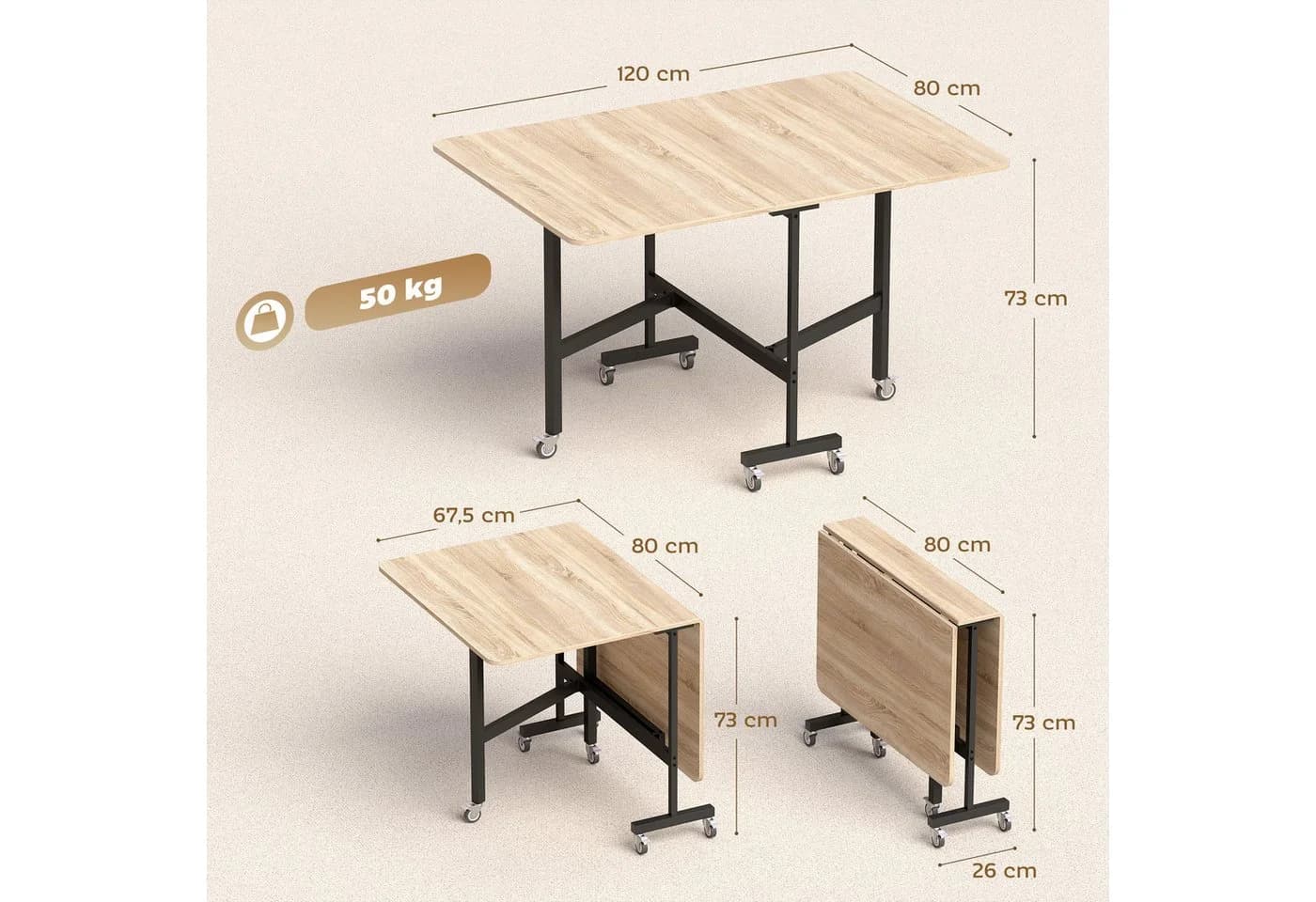 HOMCOM Klapptisch Esstisch Eiche/Schwarz mit Rollen - Bild 3