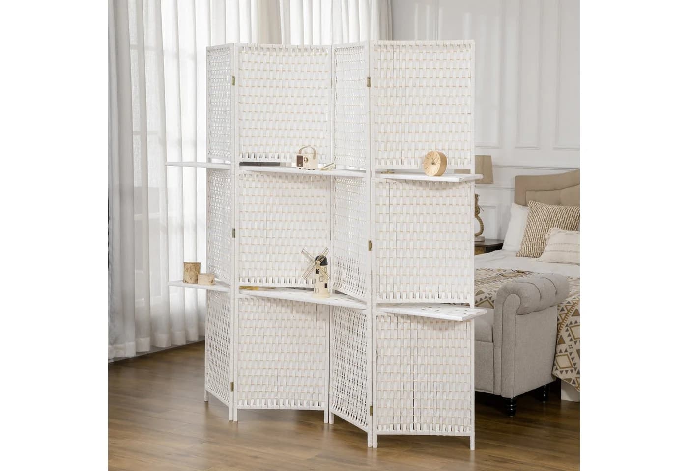 HOMCOM 4-teiliger Raumteiler mit Regalen strohweiß - Bild 2