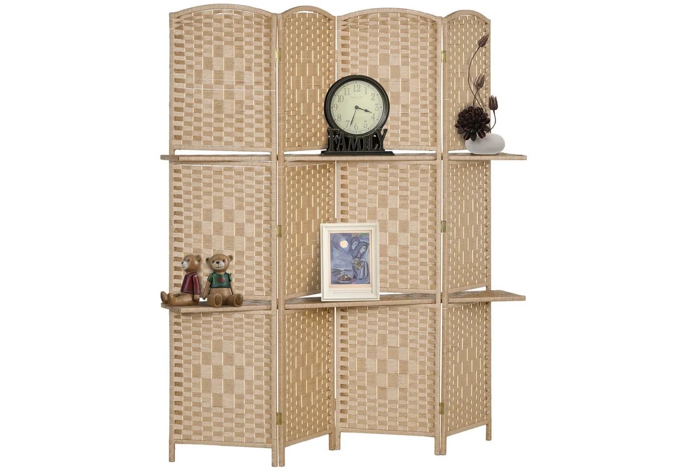 HOMCOM Paravent faltbar mit 2 Regalen Naturholz