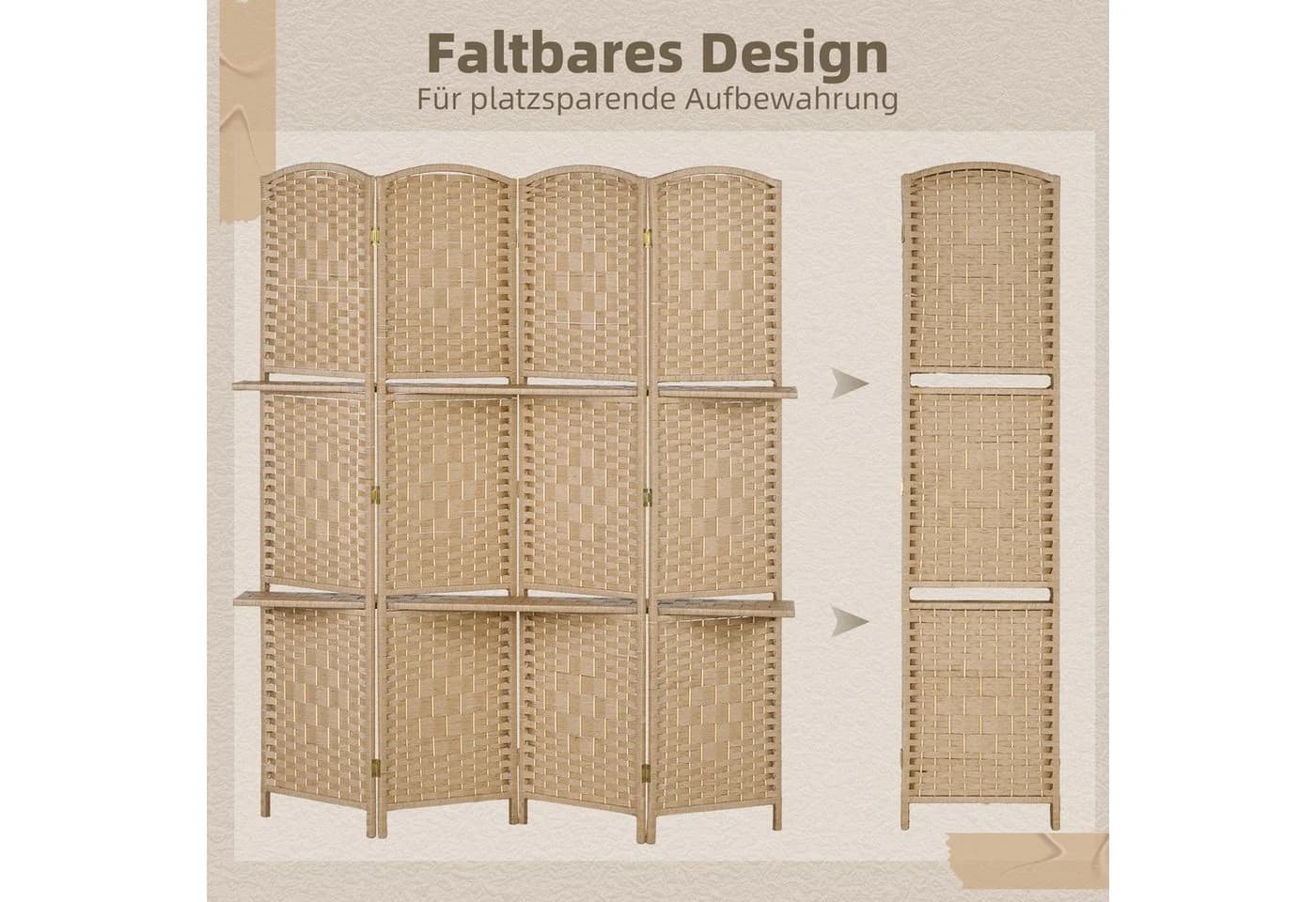 HOMCOM Paravent faltbar mit 2 Regalen Naturholz - Bild 4