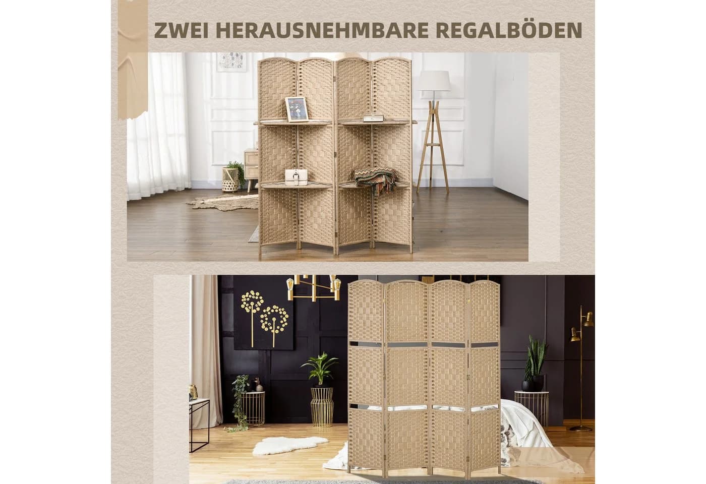 HOMCOM Paravent faltbar mit 2 Regalen Naturholz - Bild 5