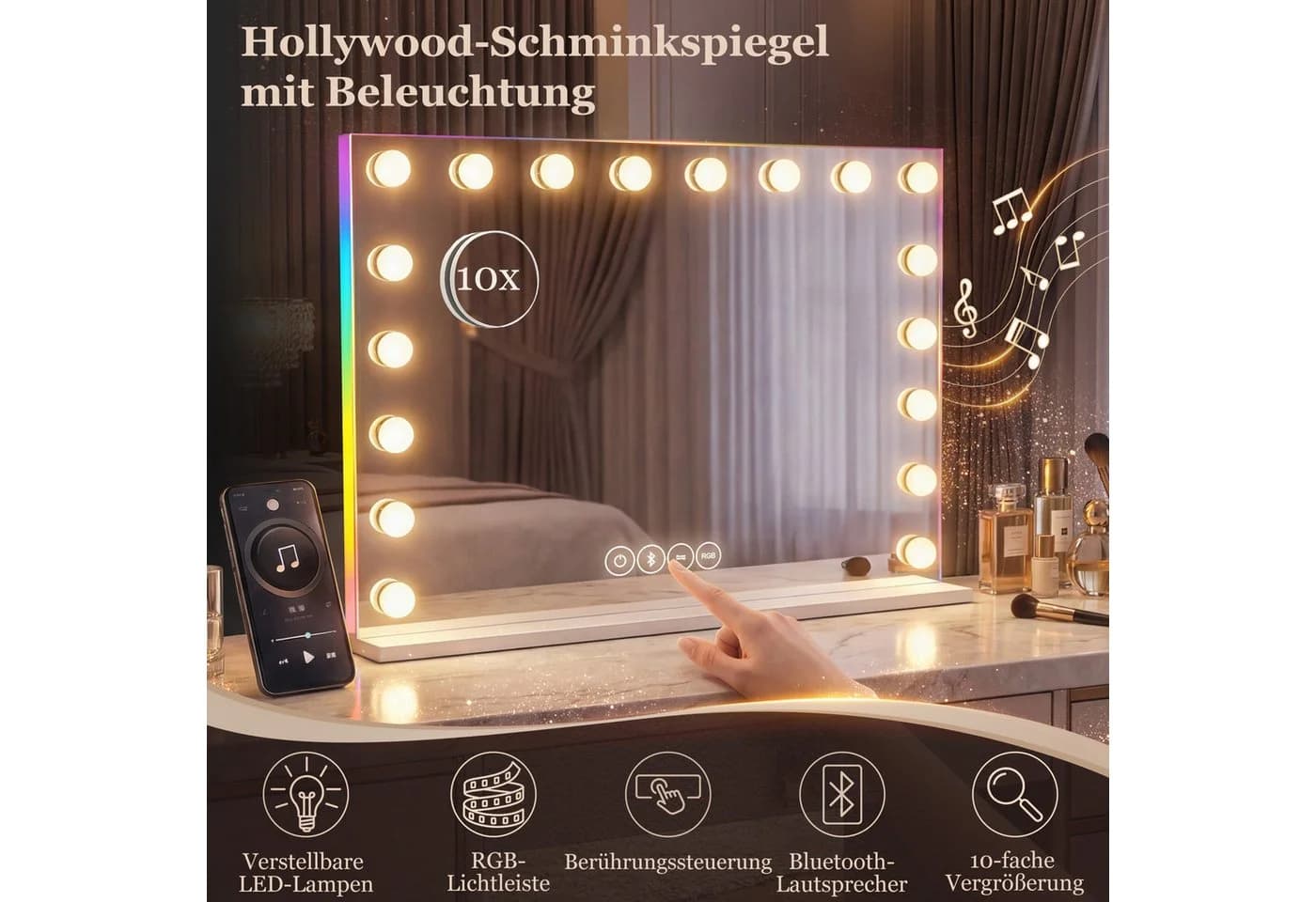 Schminkspiegel Hollywood LED RGB Bluetooth - Bild 4
