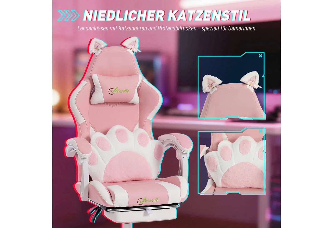 Vinsetto Gaming-Stuhl PC Stuhl Kunstleder Katzenohren - Bild 4