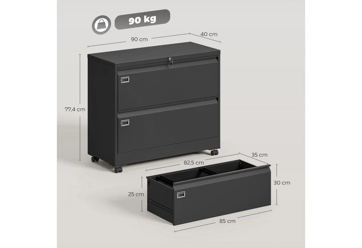HOMCOM Aktenschrank mit 2 Schubladen und Rollen Schwarz - Bild 3