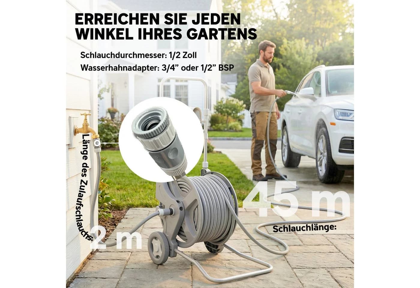 Outsunny Schlauchtrommel Grau mit 45m Schlauch und Düse - Bild 4