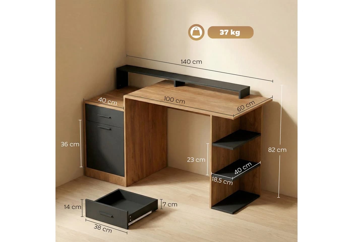 HOMCOM Schreibtisch PC Tisch für Home Office mit Schublade, Schrank, Regalen - Bild 3