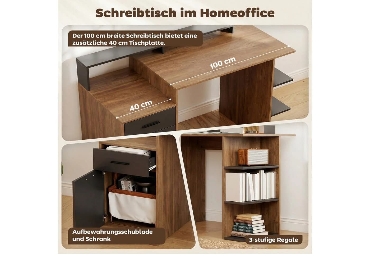 HOMCOM Schreibtisch PC Tisch für Home Office mit Schublade, Schrank, Regalen - Bild 4