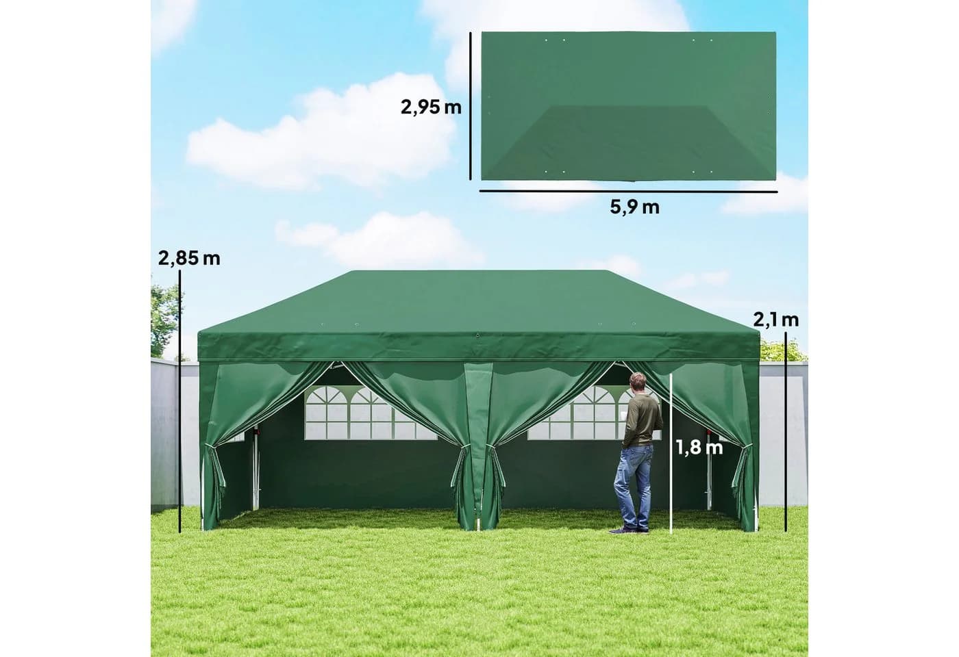 Outsunny Faltpavillon 590x295 cm mit 6 Seitenteilen UV-Schutz Dunkelgrün - Bild 3