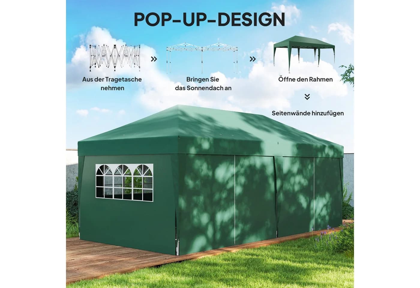 Outsunny Faltpavillon 590x295 cm mit 6 Seitenteilen UV-Schutz Dunkelgrün - Bild 4