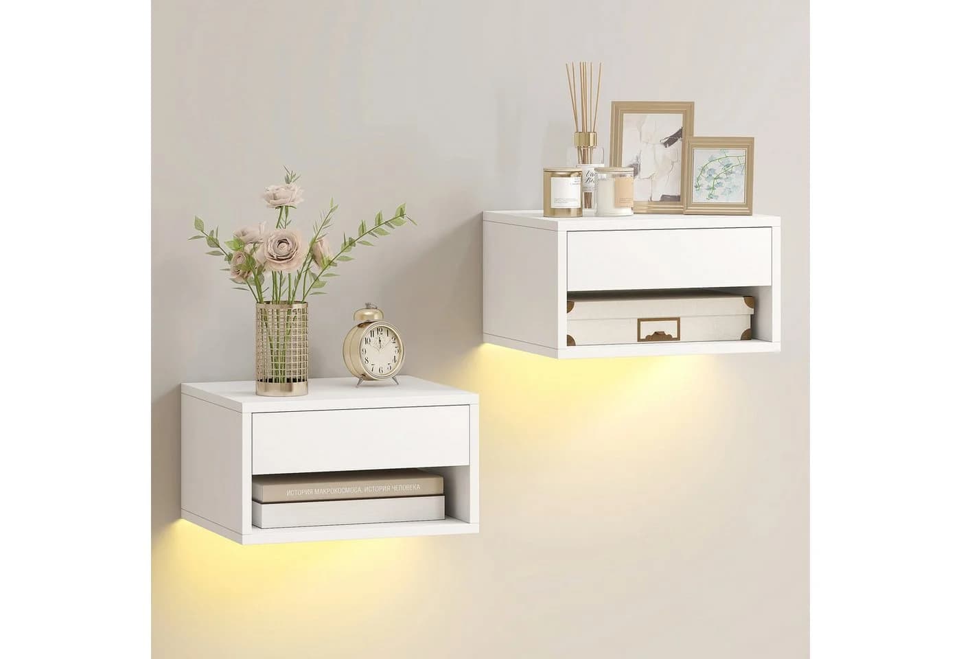 HOMCOM Nachttisch Set 2er Weiß Wandmontage LED