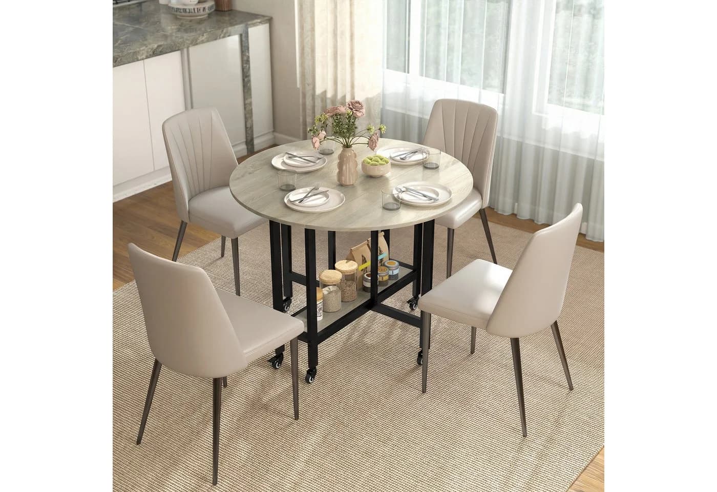 HOMCOM Klapptisch Runder Küchentisch Ablage Beige - Bild 2